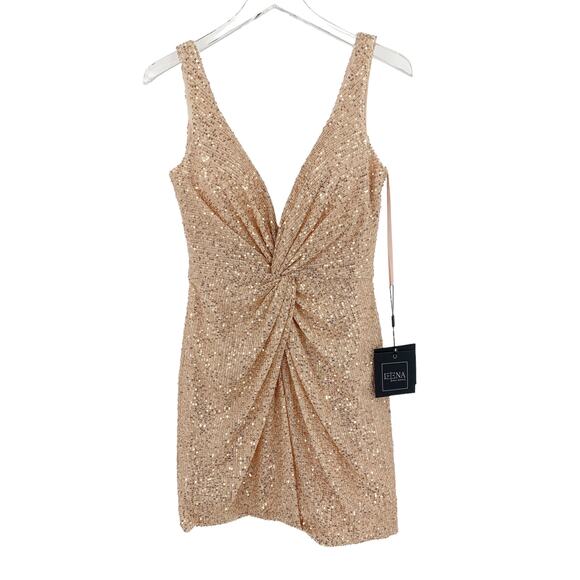 MAC DUGGAL Dress Size 6 Evening Gown Sequin Rose Gold Mini NEW Front Twist - Picture 5 of 8